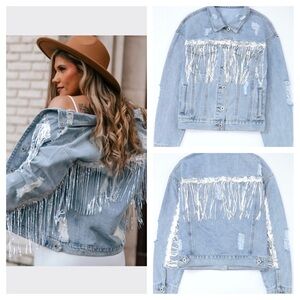 Sky Blue Sequin Fringe Distressed Denim Jacket – Small (Fits S/M)